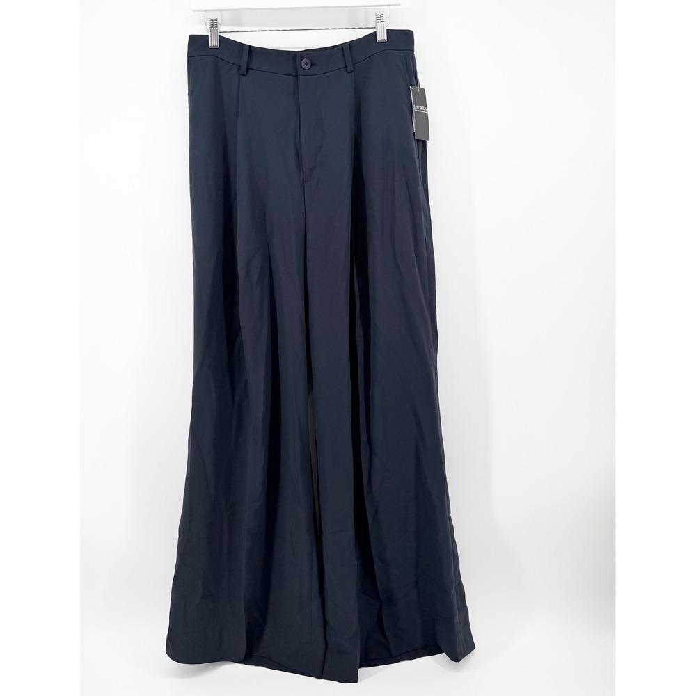 Lauren Ralph Lauren Womens 10 Pleated Wide Leg Georgette Pants Navy Blue Palazzo